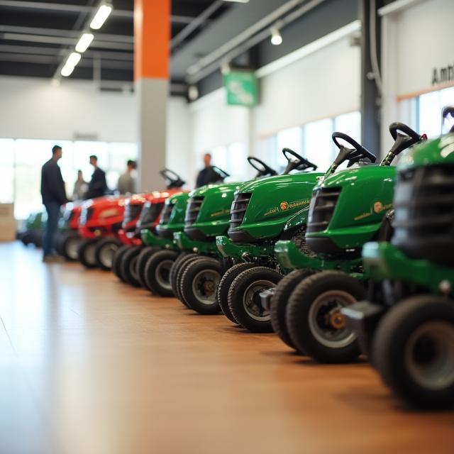 GreenScape showroom with a row of new lawn mowers