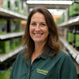 Maria Cooper in battery mower aisle