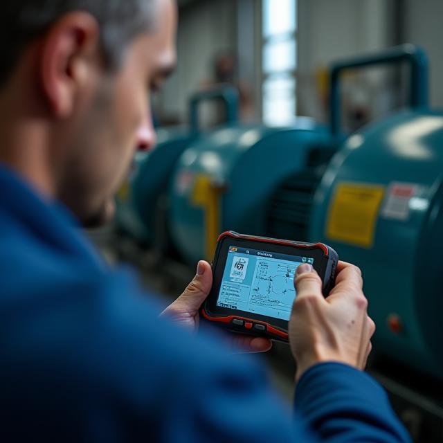 Technician using digital diagnostics on equipment